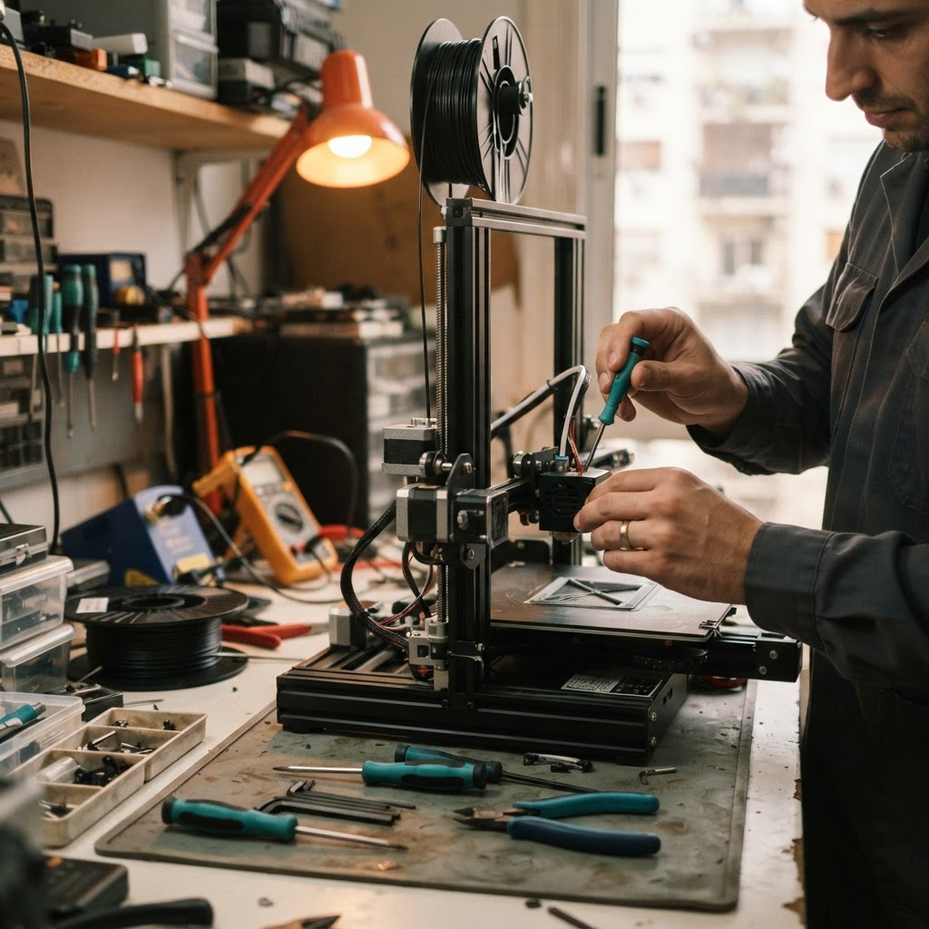 Técnico realizando el service del extrusor de una impresora 3D FDM en el taller